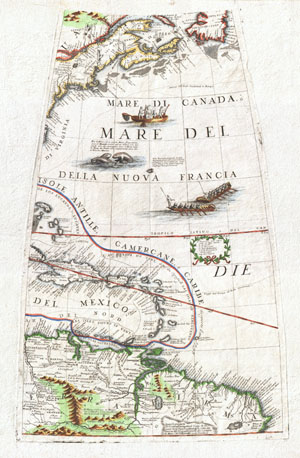 1688 Coronelli Globe Gore Map of NE North America, the West Indies, and NE South America