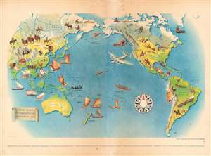 1940 Covarrubias Pictorial Map of the Pacific and Native Transportation