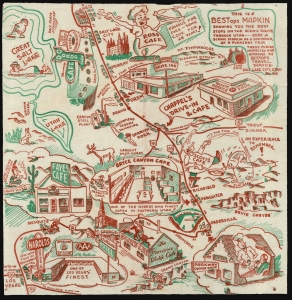 1948 Pictorial Tourist Map of Arizona, Nevada, and Utah Printed on a Napkin