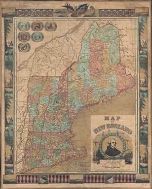 1847 Ensigns and Thayer Decorative Map of New England