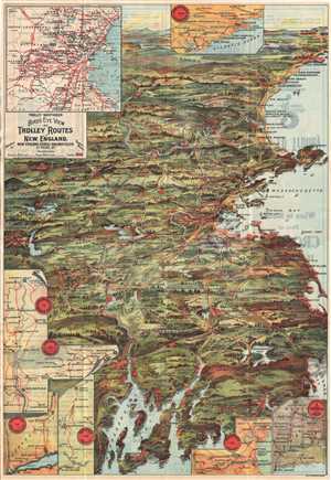 1907 Walker Trolley Map and View of New England Centered on Boston