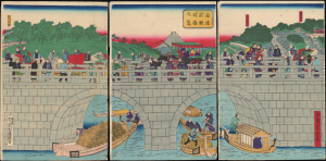 1873 Yoshitora Ukiyo-e Triptych of the New Megane Bridge, Tokyo