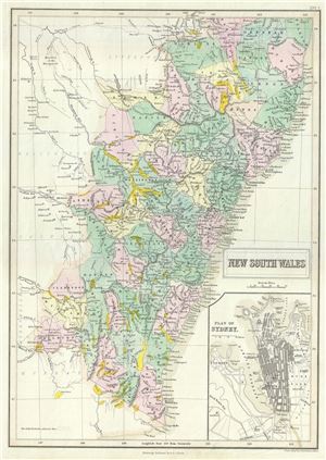 1854 Black Map of New South Wales, Australia