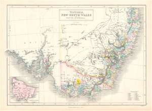 1853 Black Map of New South Wales and Victoria, Australia with Gold Deposits