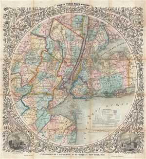 1853 Colton Map of New York and Vicinity (33 Miles Around)