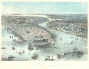 1850 Bachman Bird's-Eye View of New York City and Brooklyn