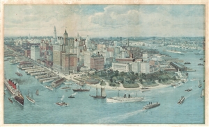 1911 Richard Rummell Bird's Eye View of Lower  Manhattan, New York City (shows Titanic!)