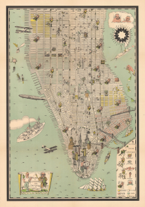 1927 Kaj Klitgaard Gilded Age Prohibition Pictorial Map of Manhattan, New York City