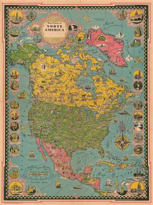 1945 Chase Pictorial Map of North America Published in Spanish