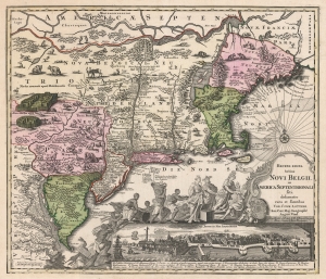 1757 Seutter / Lotter Map of the Northeast with a View of New York City
