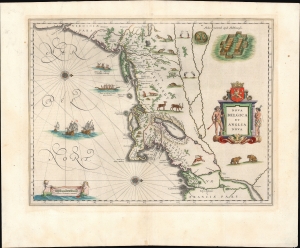 1634 / 1643 Blaeu Map of New England and the New Netherlands: Original Color!