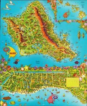 1956 Bloodgood Pictorial Map of Oahu and Waikiki Beach, Hawaii