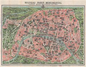 1911 Garnier Map of Paris, France w/Monuments