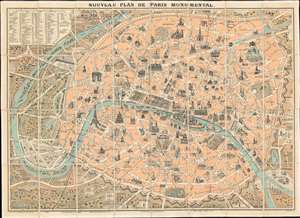1890 Guilmin Pictorial City Plan or Map of Paris, France w/ Monuments