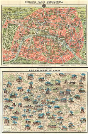 1934 Leconte Map or Plan of Paris, France w/Monuments