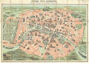 1889 Garnier Pictorial Map of Paris, France w/Monuments