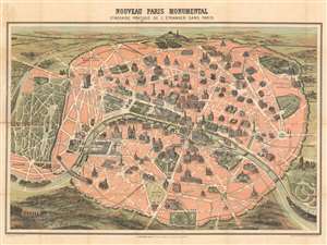 1889 Garnier Pictorial Map of Paris, France w/Monuments