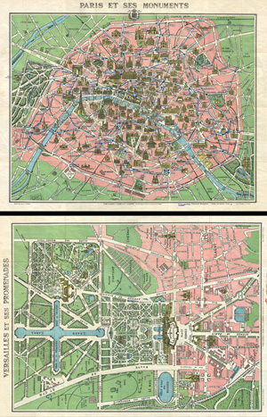 1920s Leconte Map of Paris w/Monuments and Map of Versailles