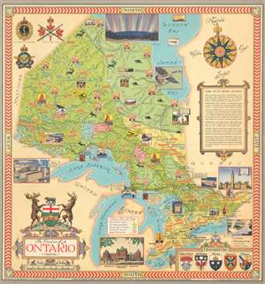 1950 Pictorial Map of all Five Great Lakes and Ontario, Canada