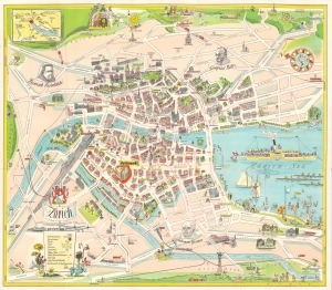 1950s Müller Pictorial Tourist Map of Zurich, Switzerland