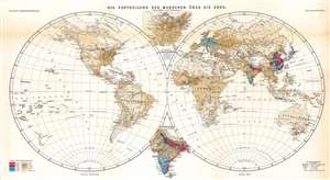 1873 Behm / Hanemann Hemisphere Map of Global Population Distribution