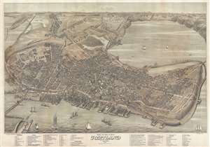 1876 Joseph Warner Bird's-Eye View Map of Portland, Maine (Stoner)
