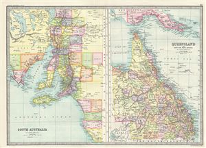 1890 Bartholomew Map of Queensland and South Australia, Australia