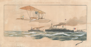 1912 Gamy Pochoir View of a Hydro Airplane Over the English Channel
