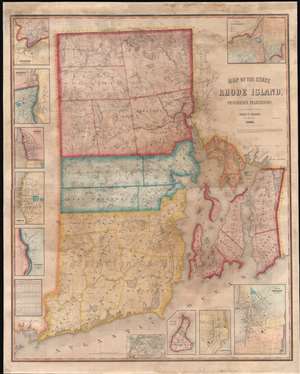 1855 Walling Wall Map of Rhode Island