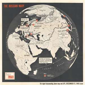 1945 Life Magazine Map of the Eastern Hemisphere w/ Russian Naval Battles