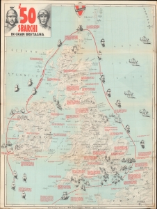1941 La Visceglia Italian Fascist Propaganda Map of Invasions of Great Britain