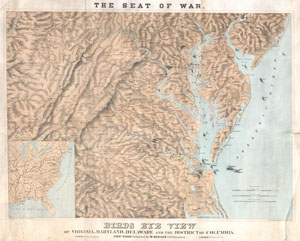 1861 Schaus Bird's Eye View Map of Virginia, Delaware, and North Carolina (Seat of War)