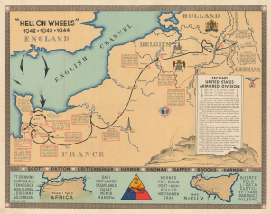 1944 Baker WWII Pictorial Route Map of the Second Armored Division in Europe