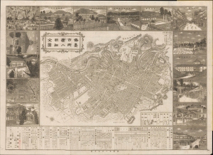 1882 Umehara Plan of Sendai, Japan, w/ Illustrated Vignettes