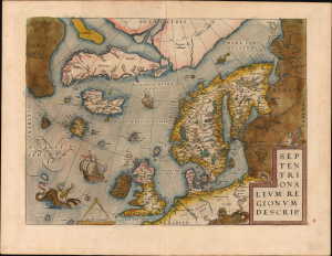 1570 / 1579 Ortelius Map of the North Atlantic / Arctic: Scandinavia, Britain, Greenland