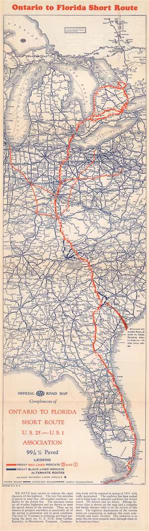 1930 American Automobile Association Road Map of the Central United States