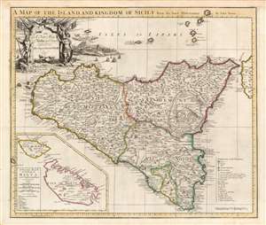 1721 Senex Map of Sicily, w/ inset of Malta and Gozo