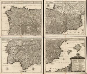 1700 / 1719 Joachim Ottens Four-Sheet Map of Spain and Portugal