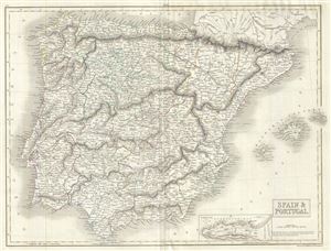 1844 Black Map of Spain and Portugal