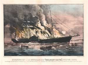 1862 Currier and Ives View of the Burning of the Steamship Golden Gate