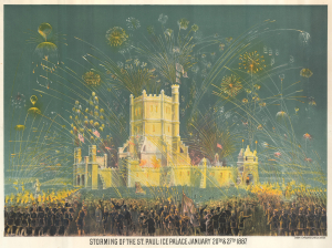 1887 Shober and Carqueville Chromolithograph View of the Storming of the St. Paul Ice Palace