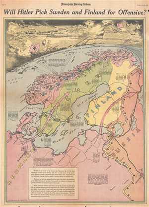 1943 Minneapolis Tribune Map of Norway, Sweden, and Finland in WWII