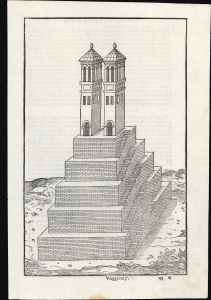 1556 / 1565 Giovanni Battista Ramusio Woodcut of the Great Temple of Tenochtitlan (Mexico)