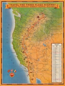 1950s Vittier Pictorial Map of U.S. Highway 395, the Three Flags Highway
