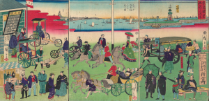 1870 Hiroshige III Ukiyo-e Triptych of Tsukiji, Tokyo, Meiji Restoration