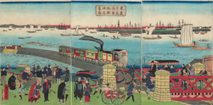 1871 Hiroshige III Ukiyo-e Triptych of Tokyo-Yokohama Train