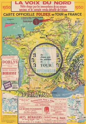 1950 Foldex Official Route Map of the Tour de France Cycling Race