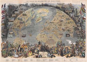 1876 Le Monde Illustrated Pictorial View Map of the World 'in the Blink of an Eye'