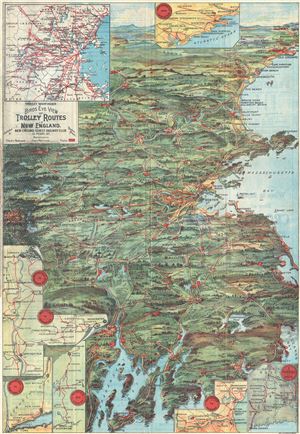 1905 Walker Trolley Map and View of New England Centered on Boston