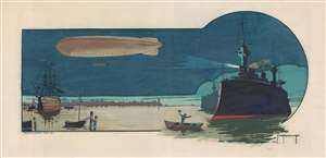 1914 Roowy / Rowles Color Pochoir View of a Warship Spotlighting a Dirigible